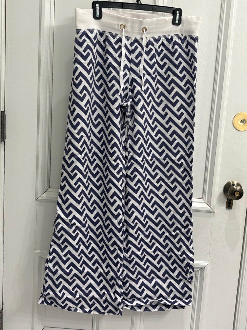 Navy & White Geometric Linen Drawstring Palazzo Pants